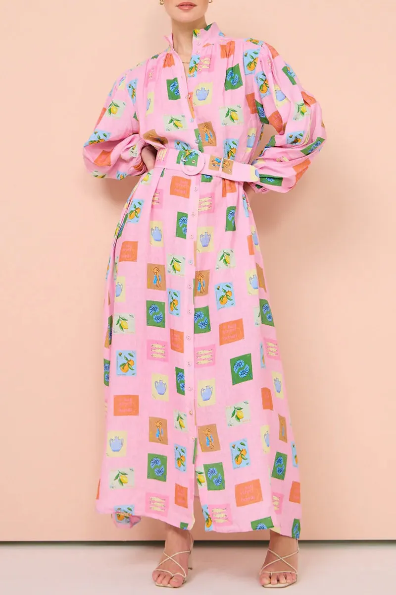 Casual Cartoon Print Pocket With Belt Half A Turtleneck Shirt Dresses
