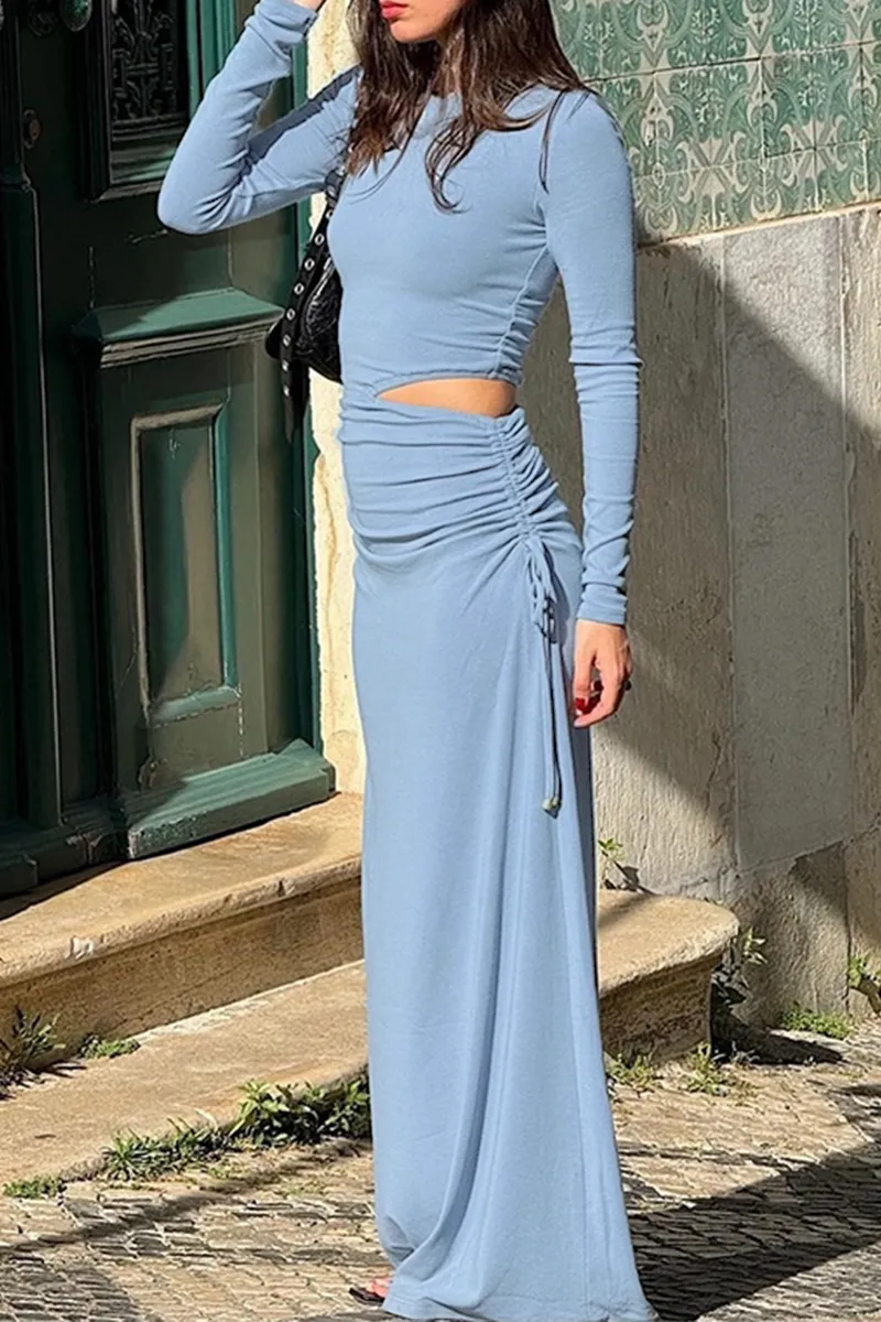 Casual Daily Hollow Out Draw String O Neck One Step Skirt Dresses