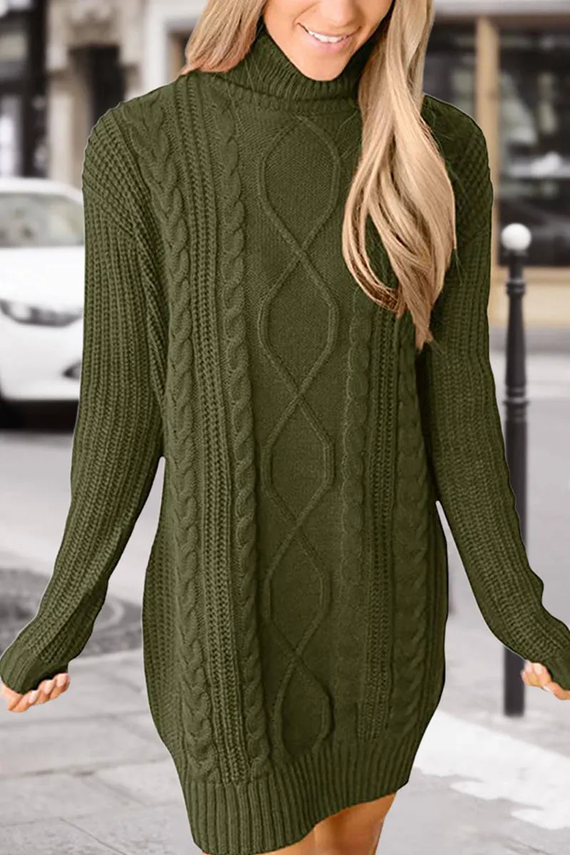 Casual Solid Patchwork Turtleneck Long Sleeve Dress Dresses(6 Colors)
