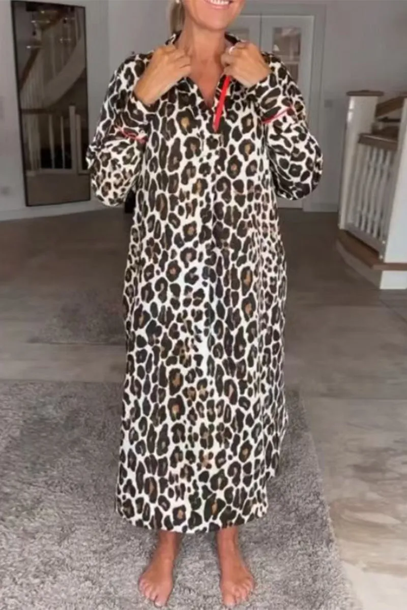 Casual Vintage Print Leopard Turndown Collar Printed Dresses