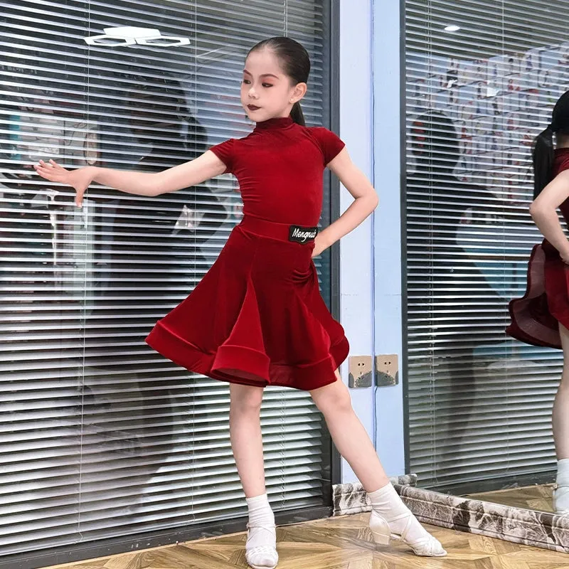 Children girls Latin dance dresses pink purple short-sleeved  ultra-thin velvet test competition ballroom latin salsa performance clothing