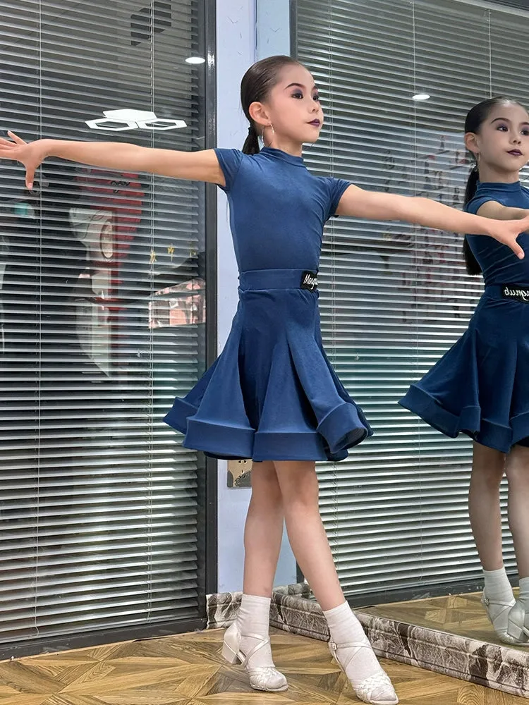 Children girls Latin dance dresses pink purple short-sleeved  ultra-thin velvet test competition ballroom latin salsa performance clothing
