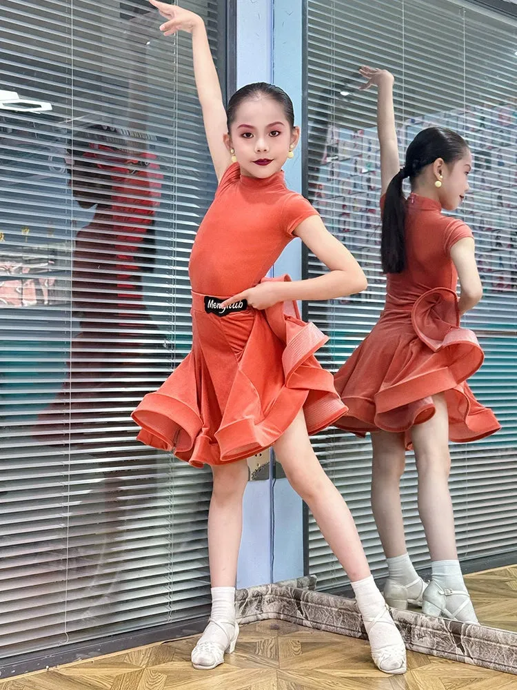 Children girls Latin dance dresses pink purple short-sleeved  ultra-thin velvet test competition ballroom latin salsa performance clothing