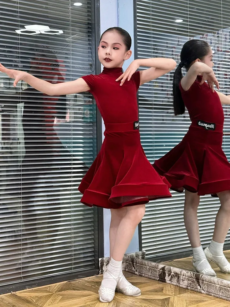 Children girls Latin dance dresses pink purple short-sleeved  ultra-thin velvet test competition ballroom latin salsa performance clothing