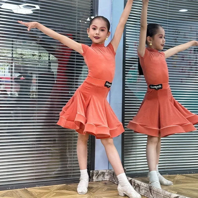 Children girls Latin dance dresses pink purple short-sleeved  ultra-thin velvet test competition ballroom latin salsa performance clothing