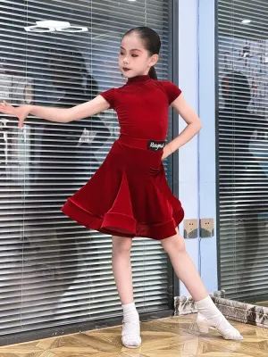 Children girls Latin dance dresses pink purple short-sleeved  ultra-thin velvet test competition ballroom latin salsa performance clothing
