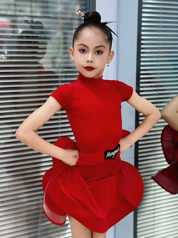 Children girls Latin dance dresses pink purple short-sleeved  ultra-thin velvet test competition ballroom latin salsa performance clothing