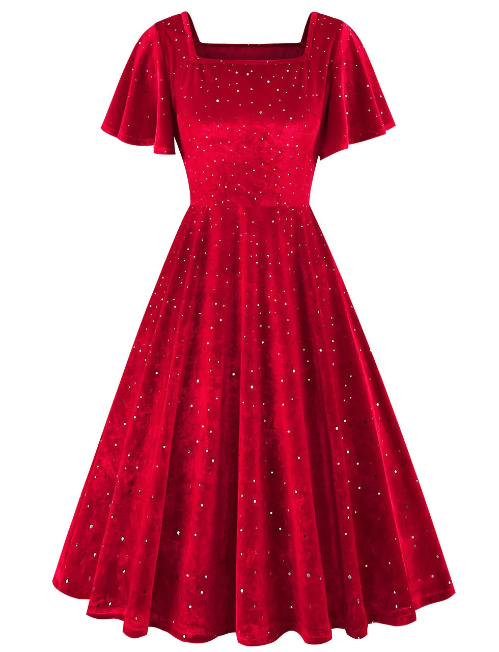 Christmas Green Square Collar Sequins Velvet 1950S Vintage Swing Dress