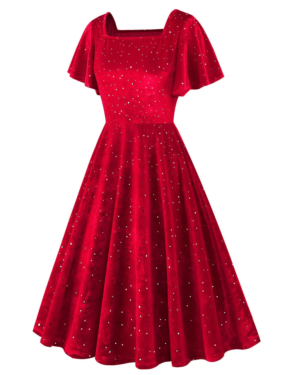 Christmas Green Square Collar Sequins Velvet 1950S Vintage Swing Dress