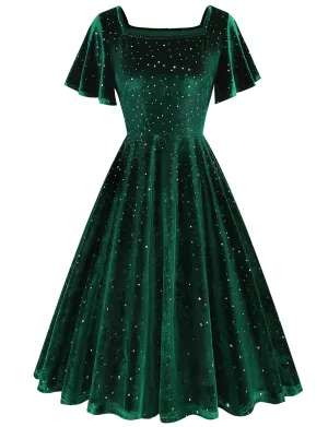 Christmas Green Square Collar Sequins Velvet 1950S Vintage Swing Dress