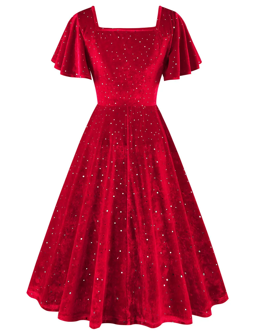 Christmas Green Square Collar Sequins Velvet 1950S Vintage Swing Dress