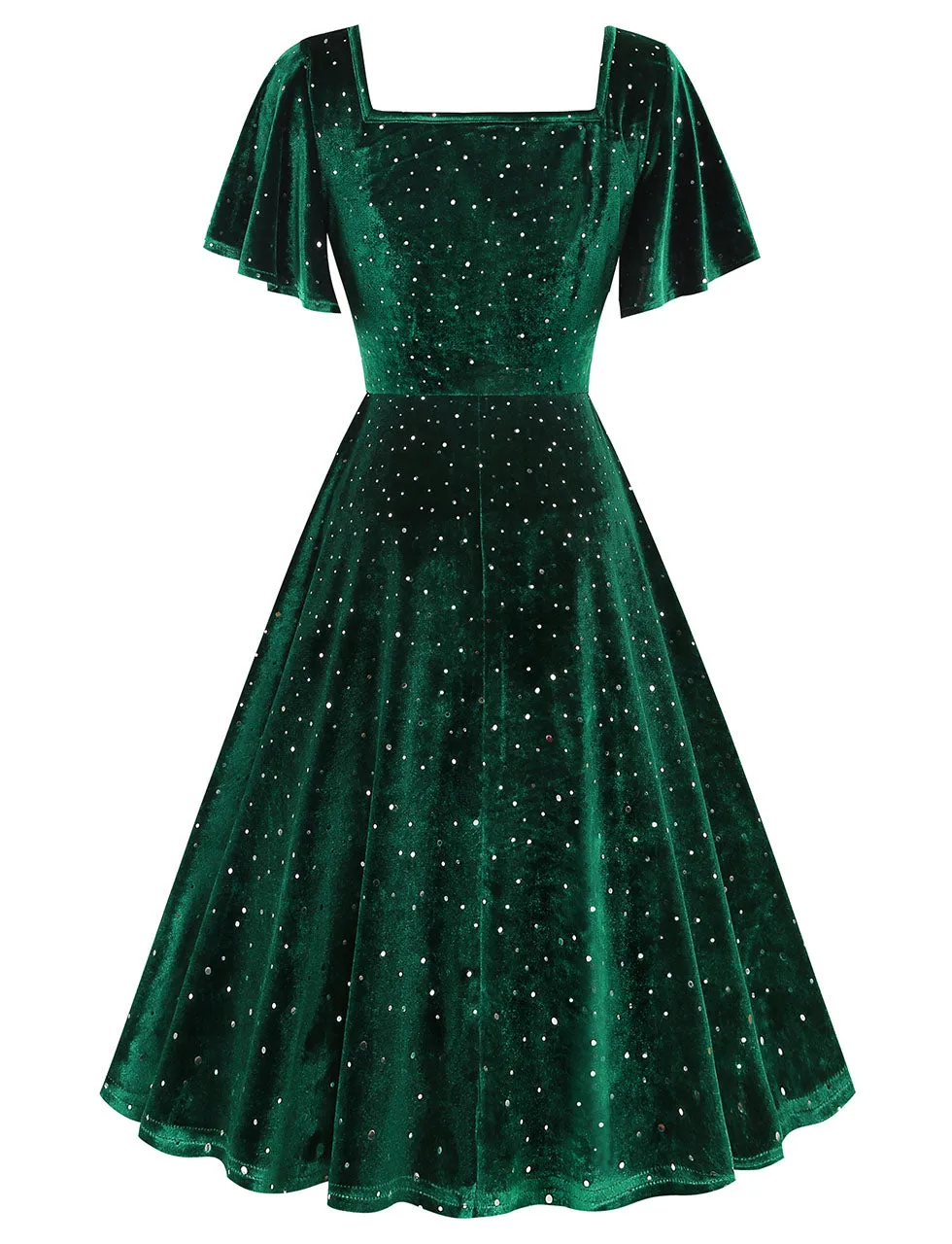 Christmas Green Square Collar Sequins Velvet 1950S Vintage Swing Dress