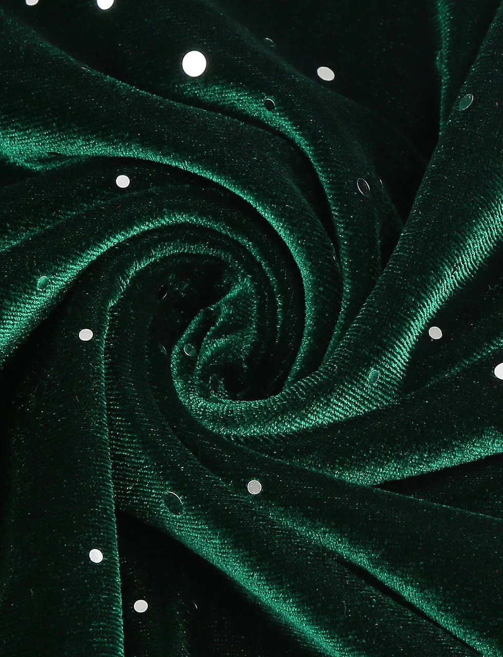 Christmas Green Square Collar Sequins Velvet 1950S Vintage Swing Dress