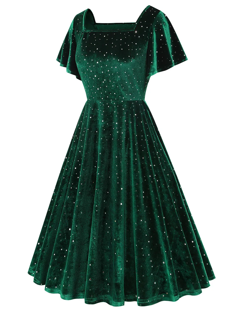 Christmas Green Square Collar Sequins Velvet 1950S Vintage Swing Dress