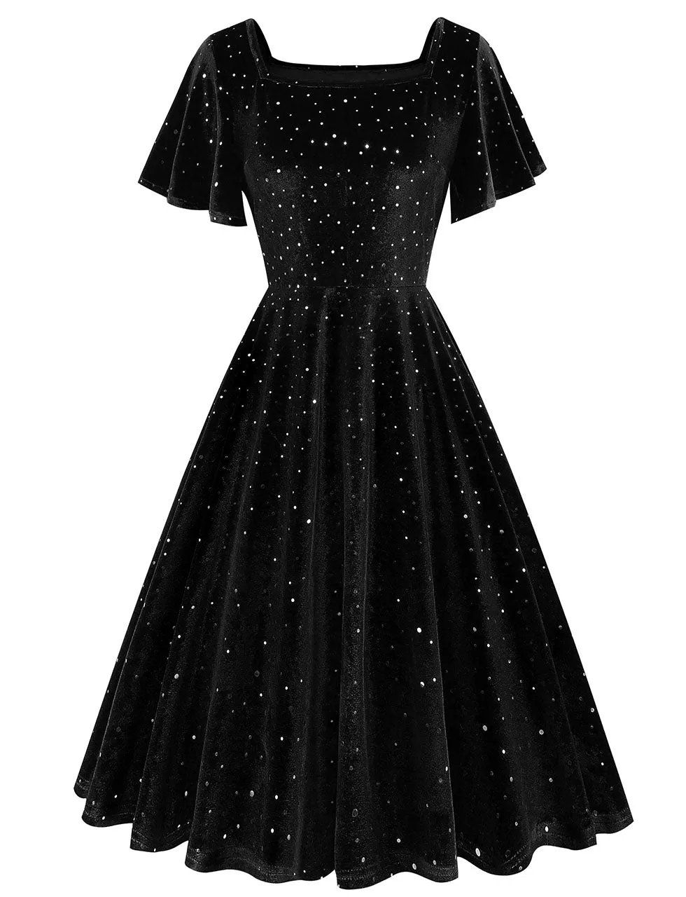 Christmas Green Square Collar Sequins Velvet 1950S Vintage Swing Dress