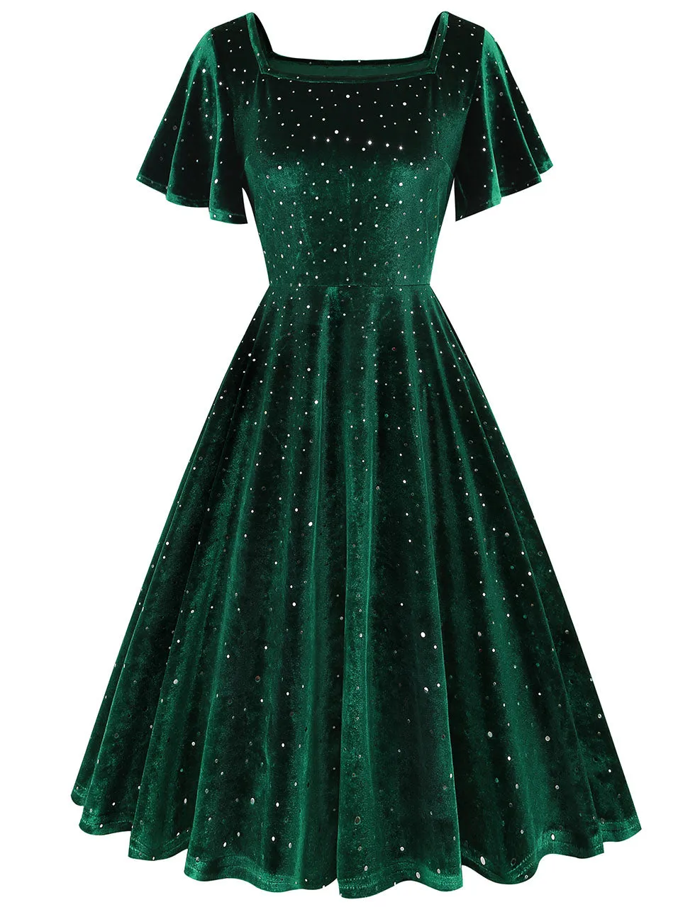 Christmas Green Square Collar Sequins Velvet 1950S Vintage Swing Dress