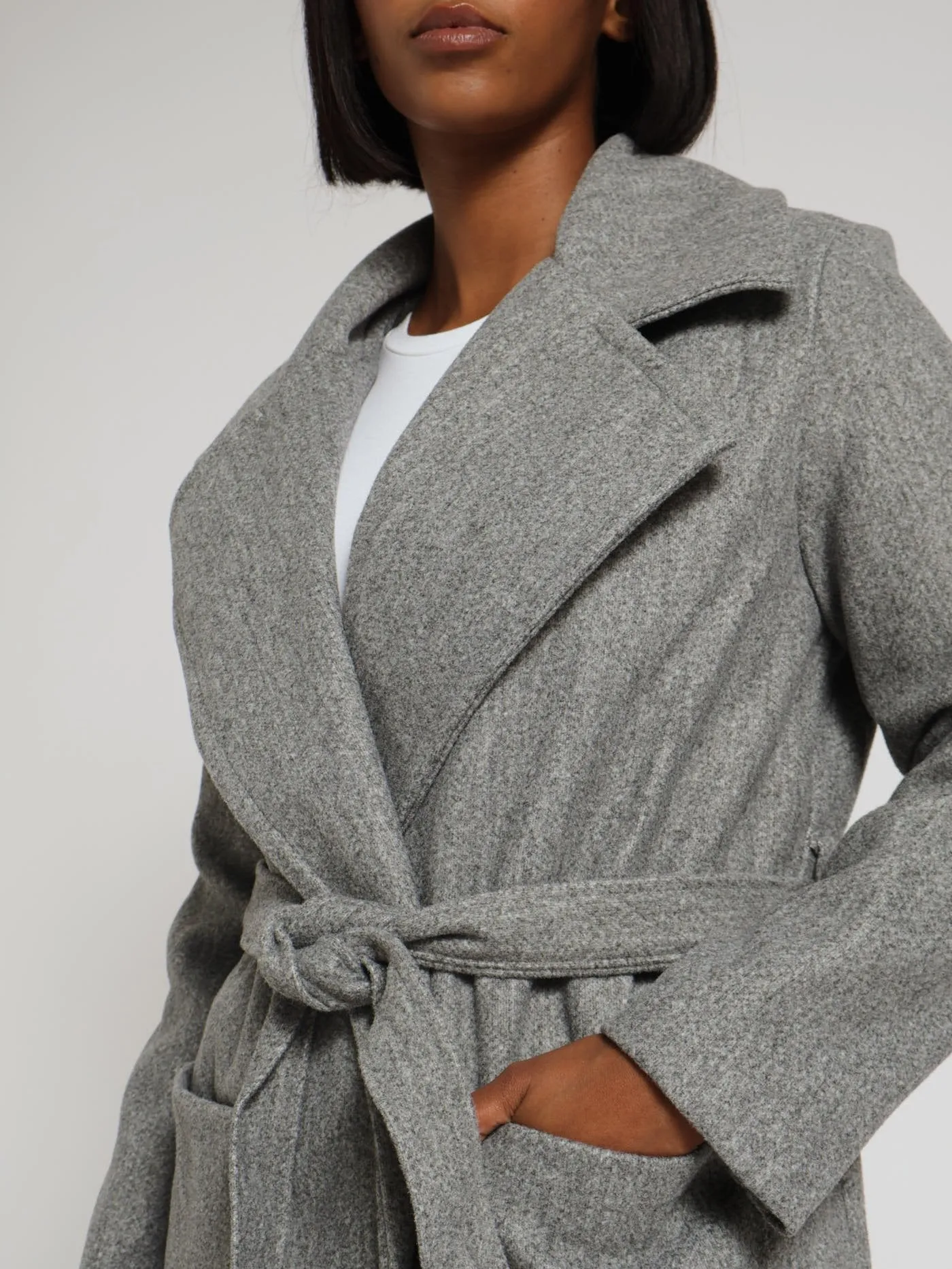 Collared Belted Melton Coat - Grey Melange