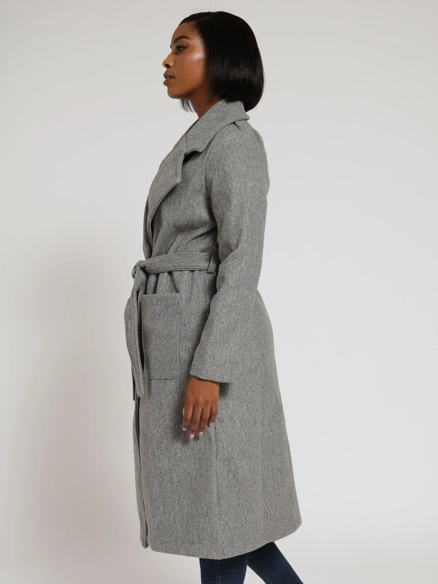 Collared Belted Melton Coat - Grey Melange