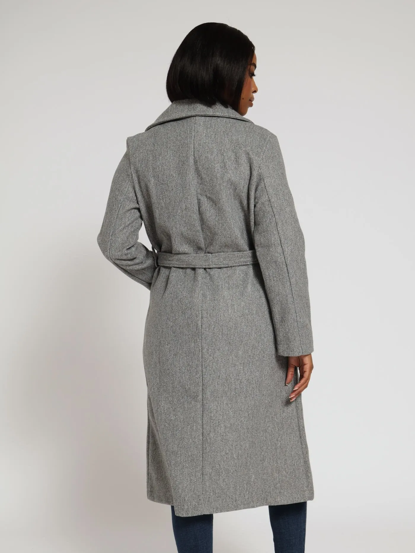 Collared Belted Melton Coat - Grey Melange