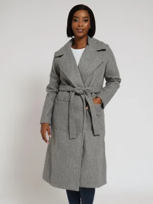 Collared Belted Melton Coat - Grey Melange