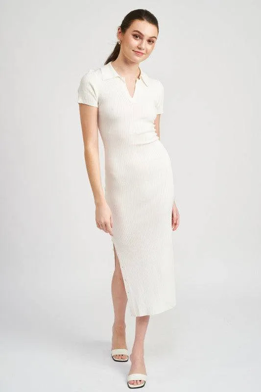 COLLARED LONG SLEEVE MIDI DRESS