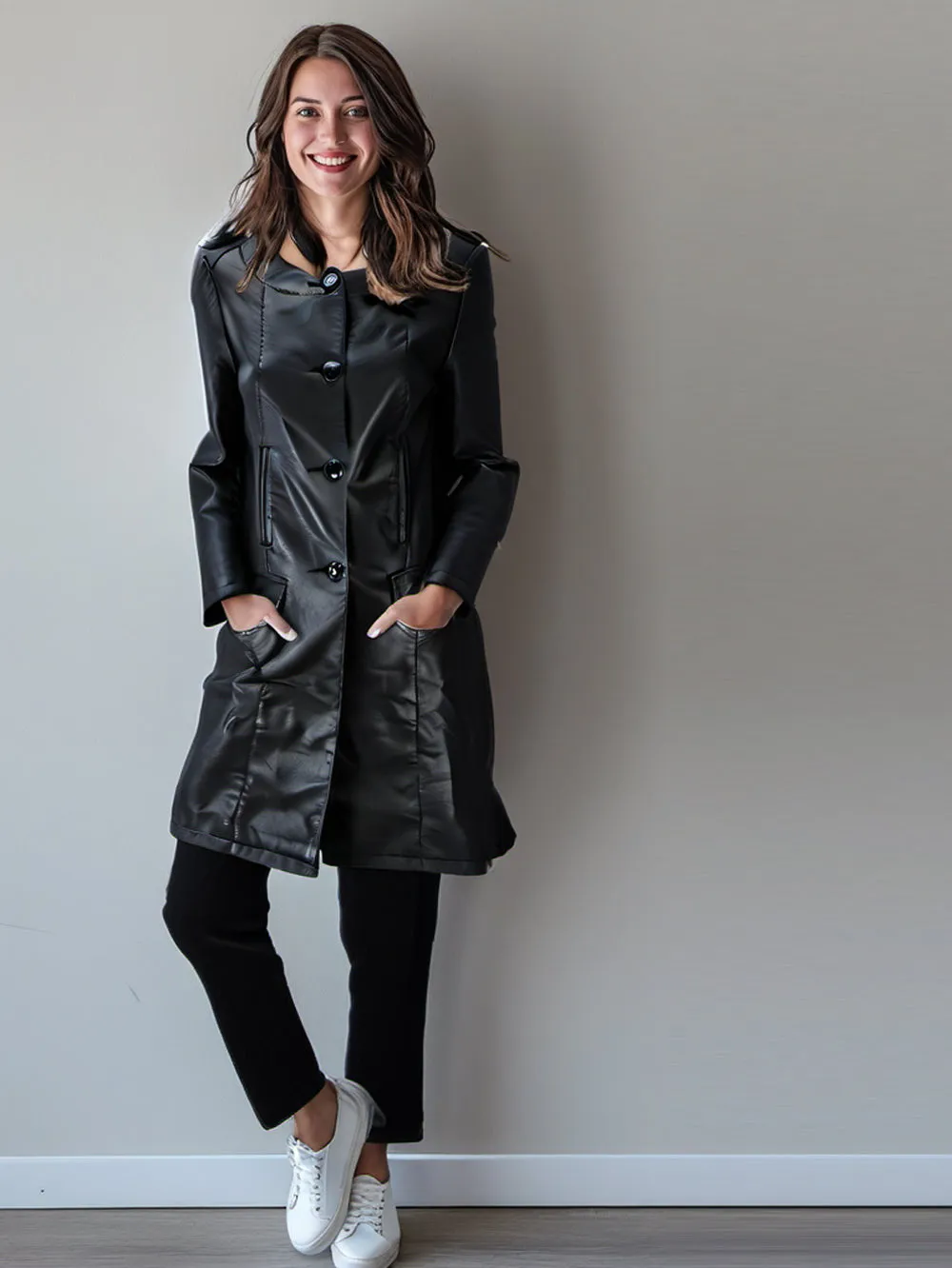Collarless Knee-Length Leather Coat for Women