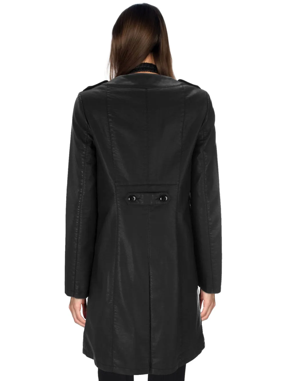 Collarless Knee-Length Leather Coat for Women