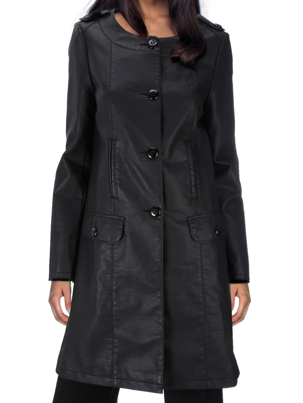 Collarless Knee-Length Leather Coat for Women