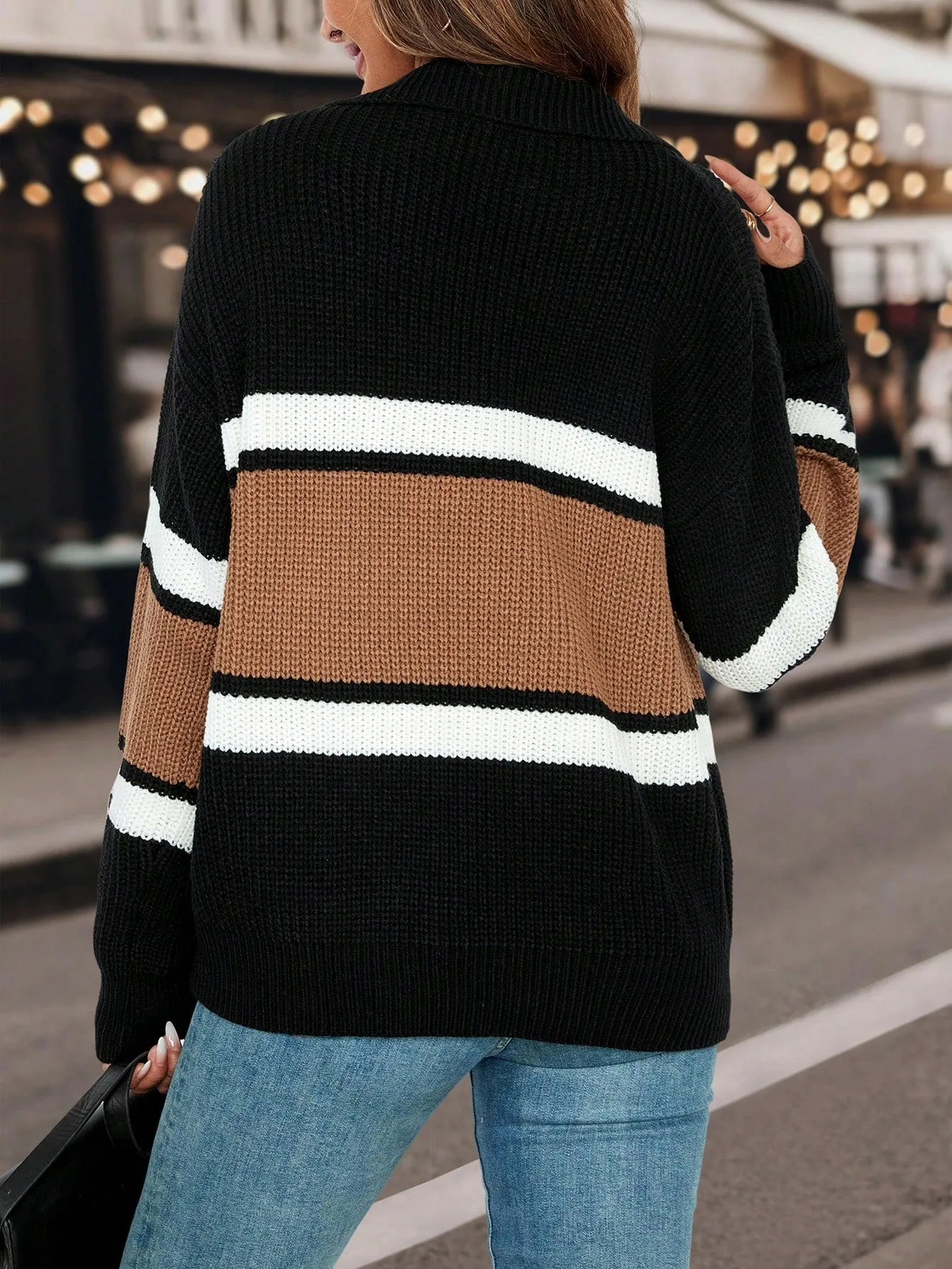 Color Block Drop Shoulder Collar Sweater
