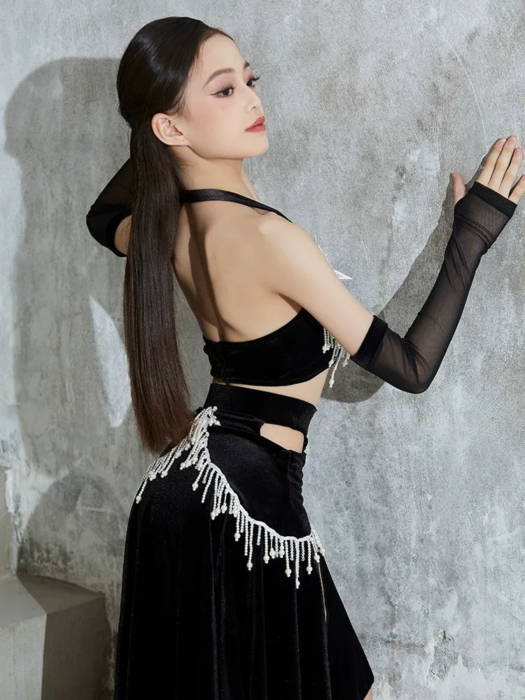 Competition Latin dance dresses for girls kids black blue velvet lace salsa ballroom rumba chacha performance pearl costumes for children