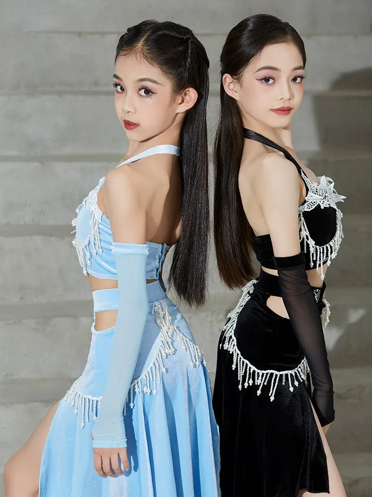 Competition Latin dance dresses for girls kids black blue velvet lace salsa ballroom rumba chacha performance pearl costumes for children