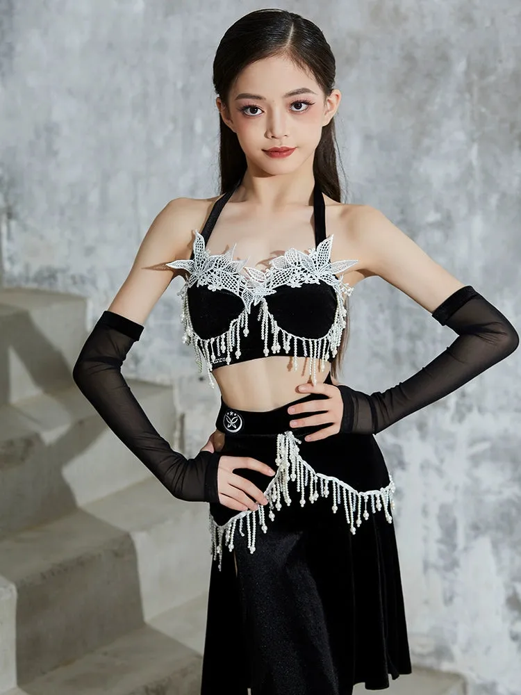 Competition Latin dance dresses for girls kids black blue velvet lace salsa ballroom rumba chacha performance pearl costumes for children