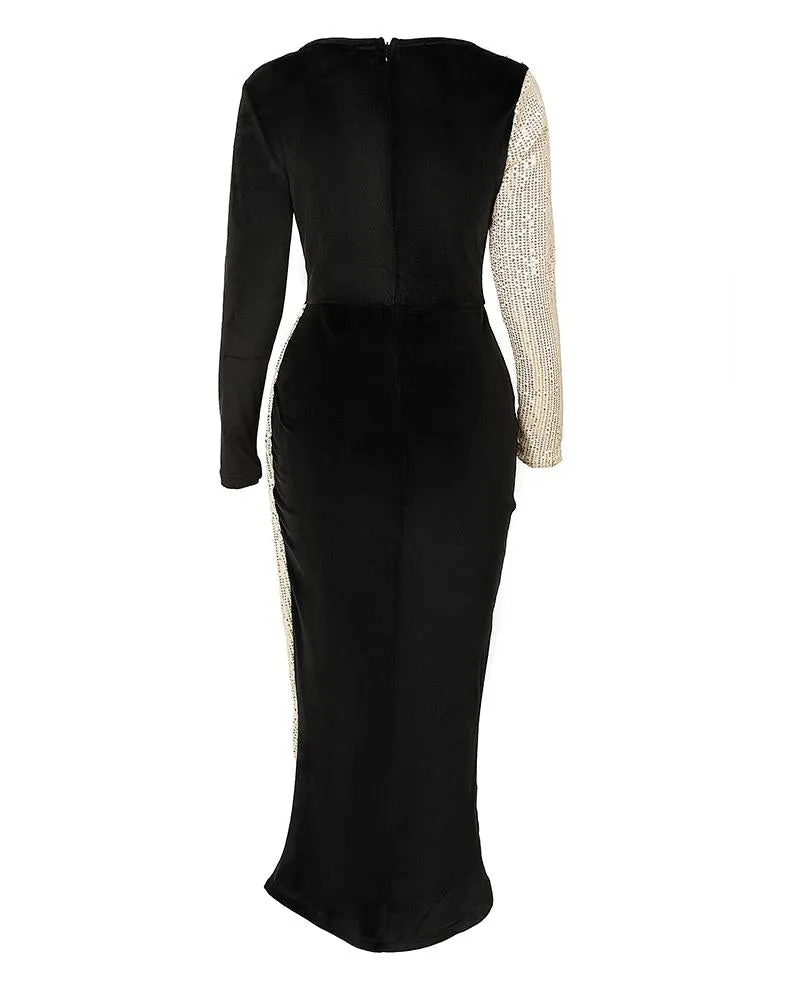 Contrast Sequin Split Thigh Velvet Party Dress