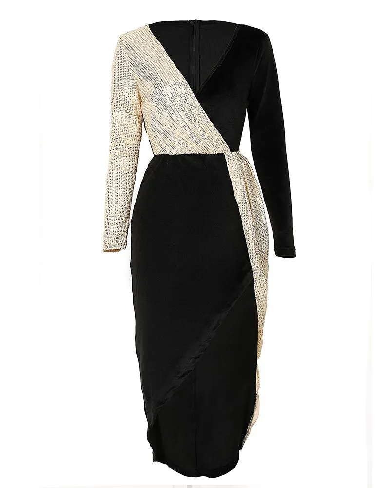 Contrast Sequin Split Thigh Velvet Party Dress