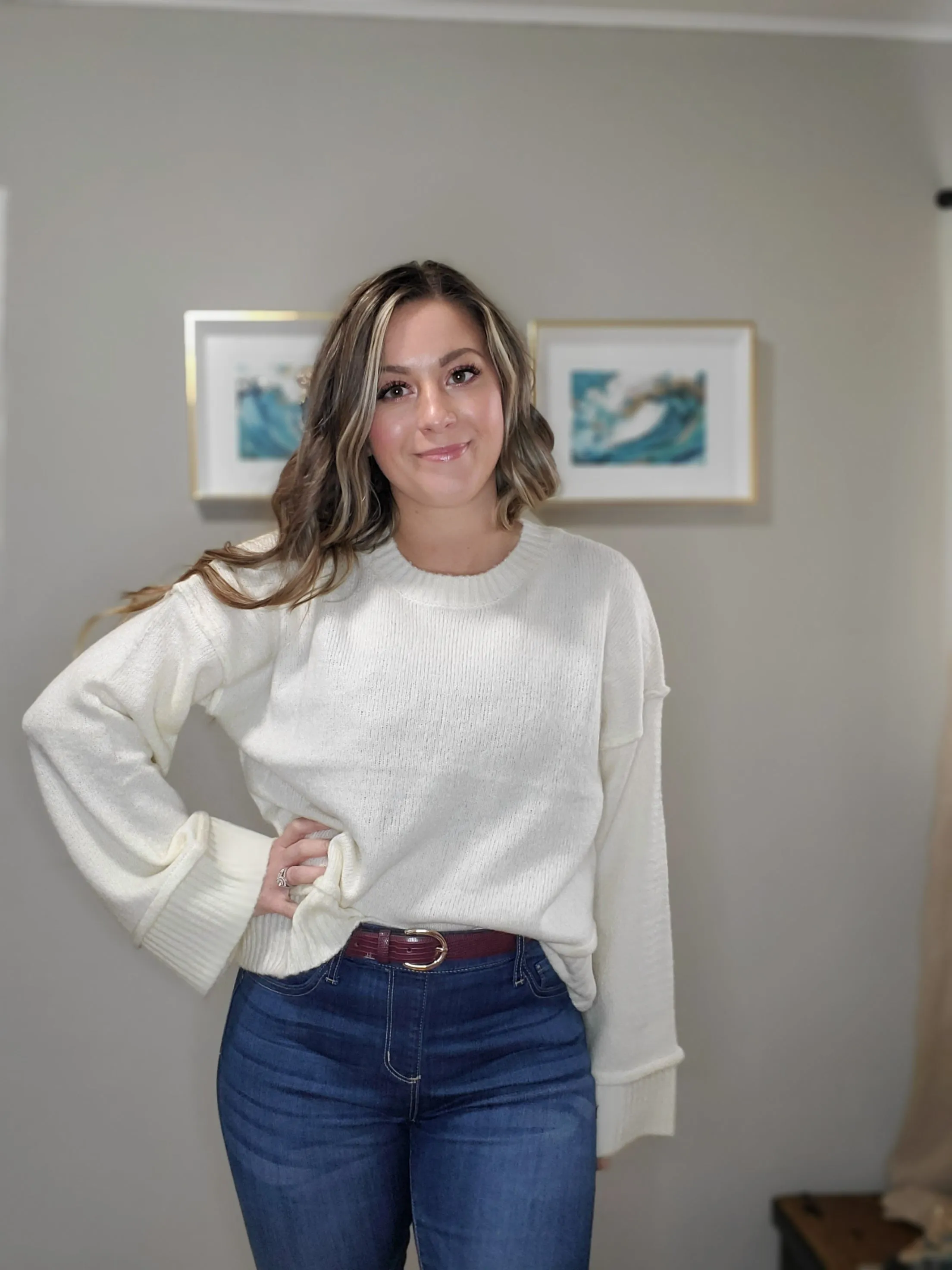 Cool Weather Reverse Seam Wide Sleeve Crew Neck Sweater