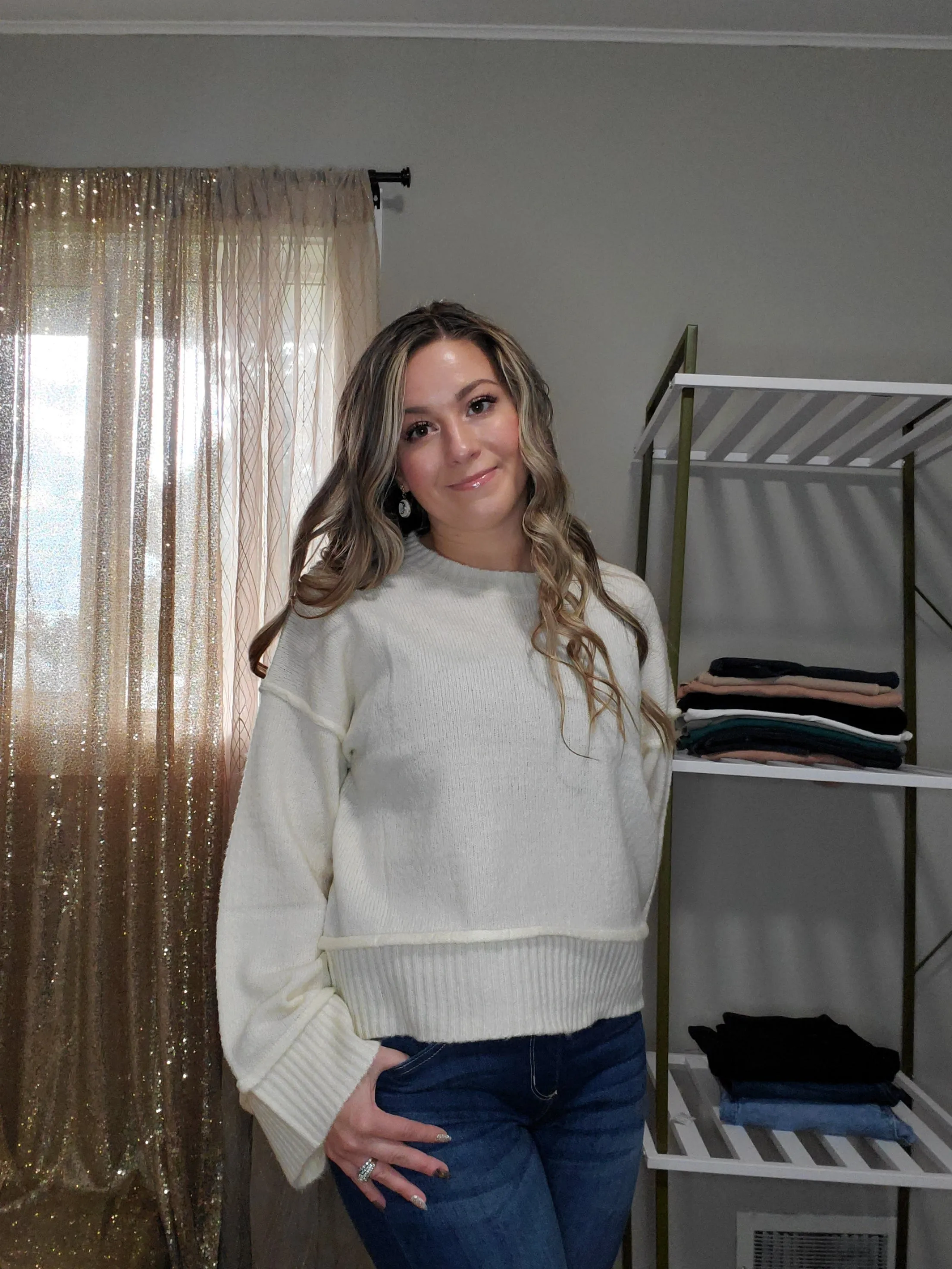 Cool Weather Reverse Seam Wide Sleeve Crew Neck Sweater
