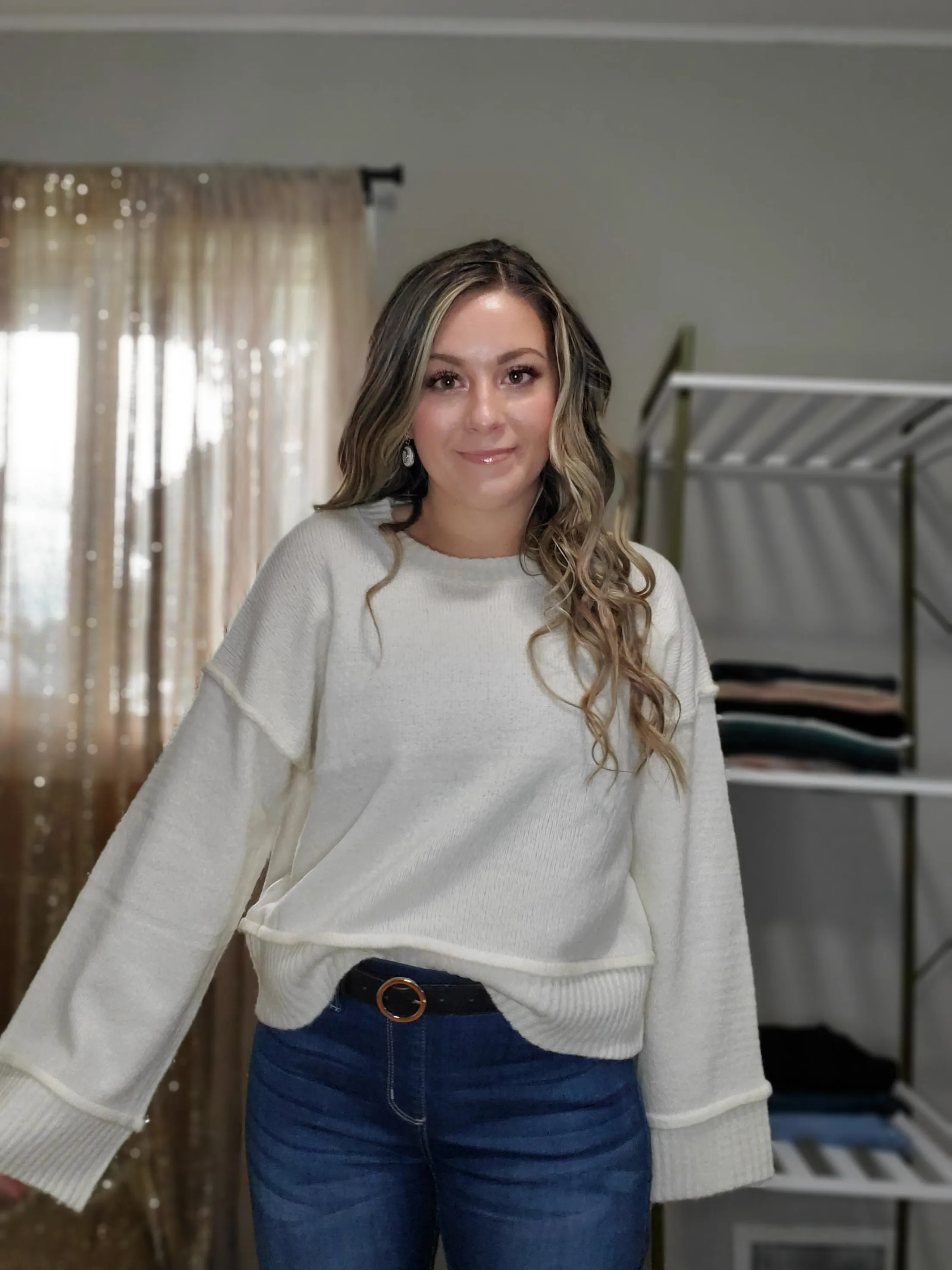 Cool Weather Reverse Seam Wide Sleeve Crew Neck Sweater