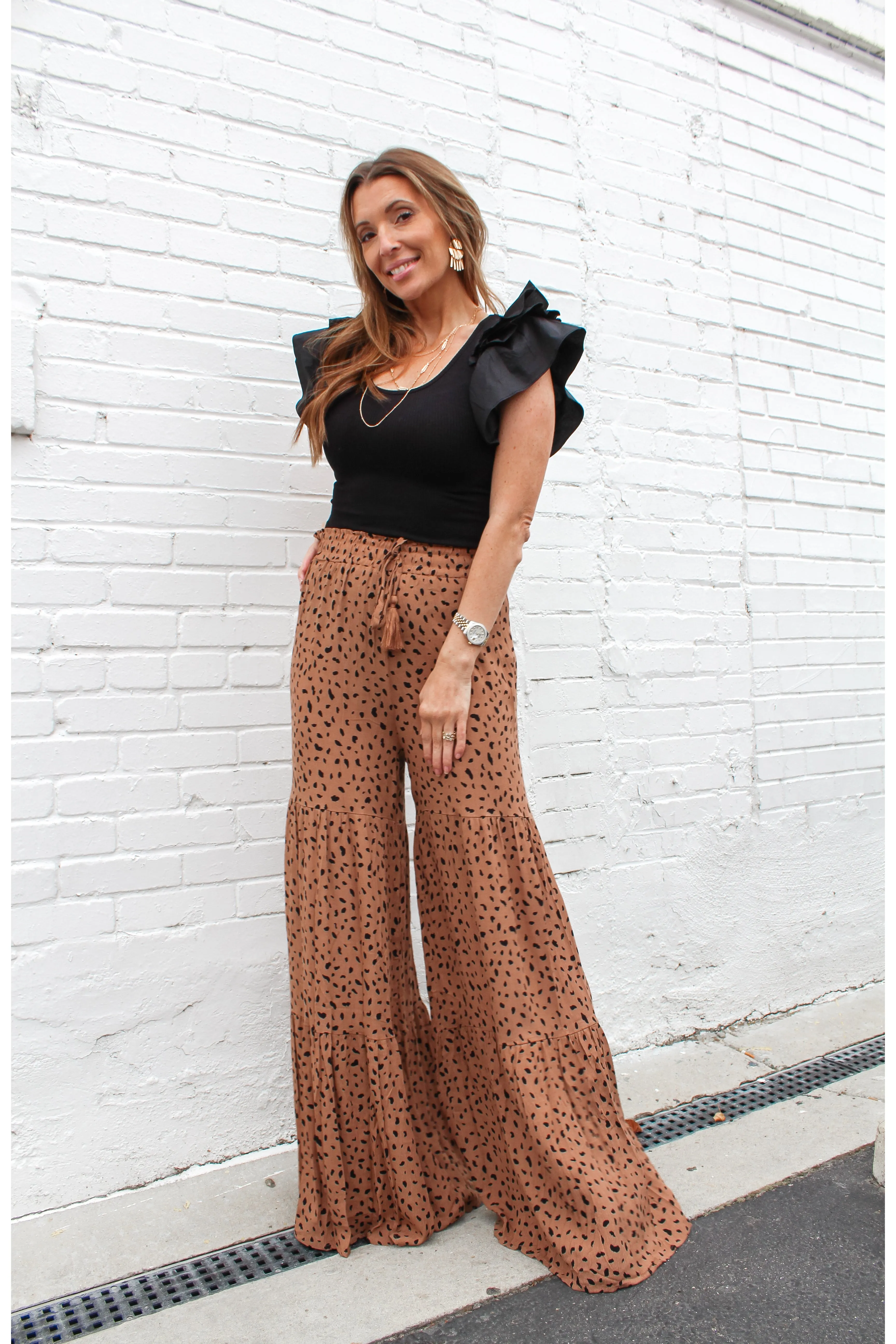 DALMATIAN PRINT PALAZZO WIDE LEG PANTS