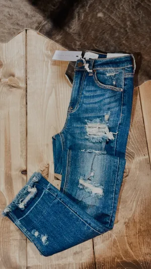 Dark Distressed Shadow Hem Straight Leg Denim