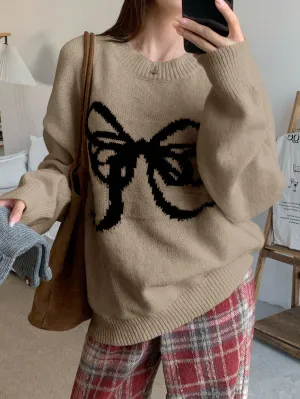 DAZY Women Bow Decor Round Neck Loose Knit Sweater