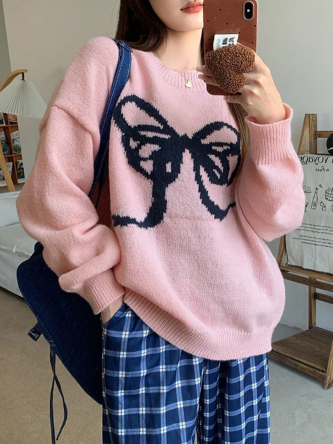 DAZY Women Bow Decor Round Neck Loose Knit Sweater