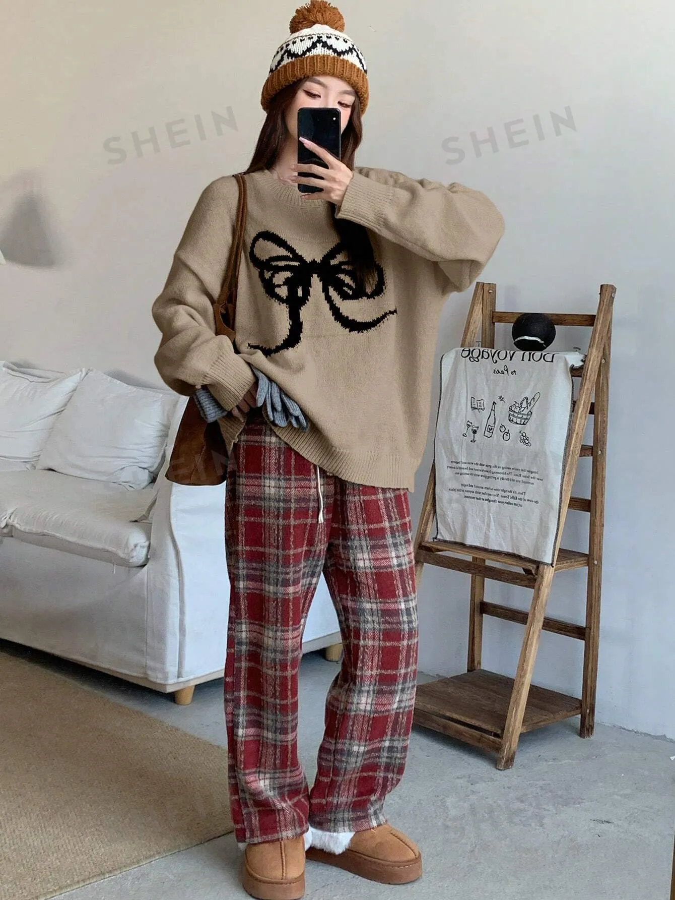 DAZY Women Bow Decor Round Neck Loose Knit Sweater