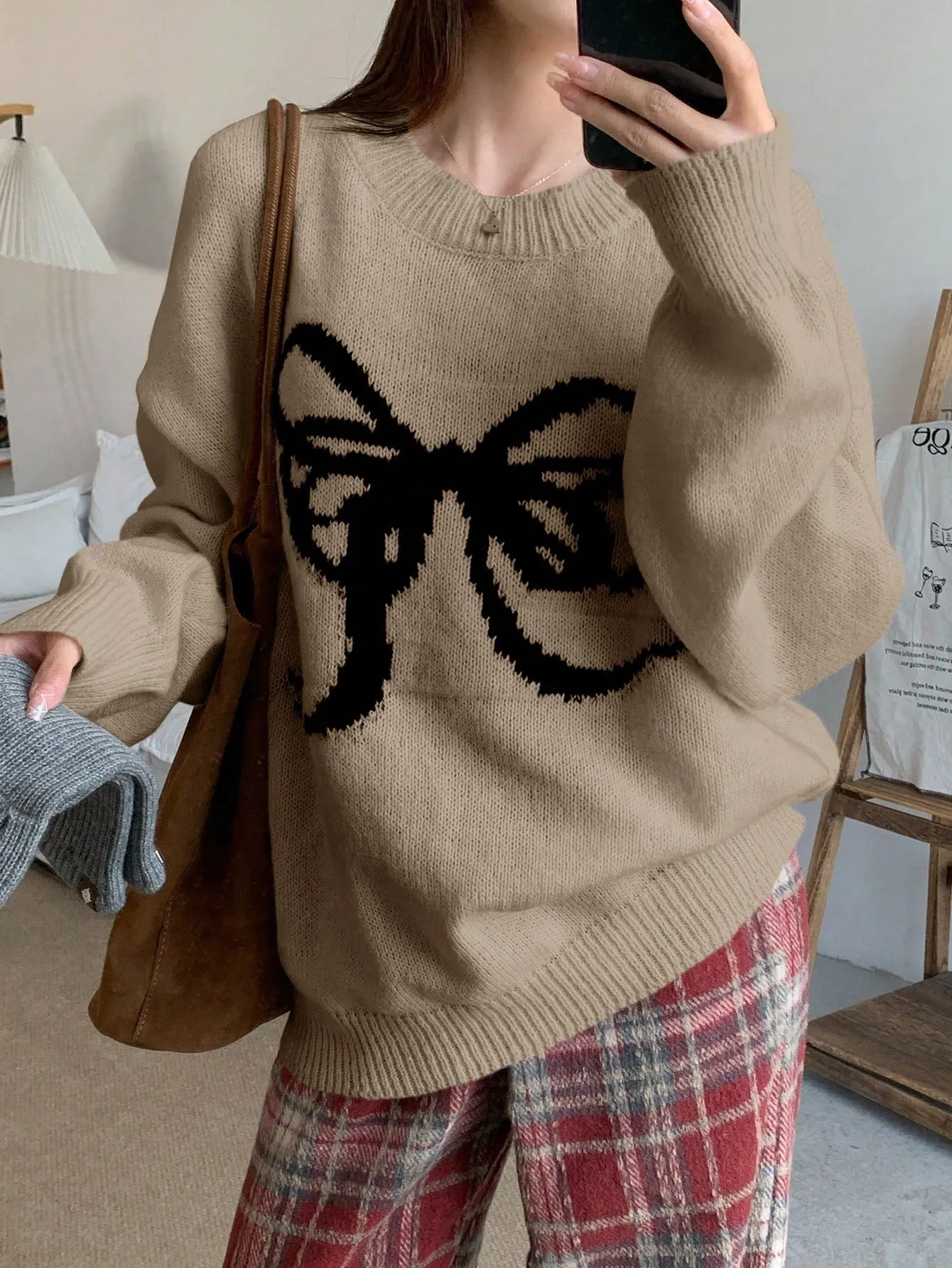 DAZY Women Bow Decor Round Neck Loose Knit Sweater
