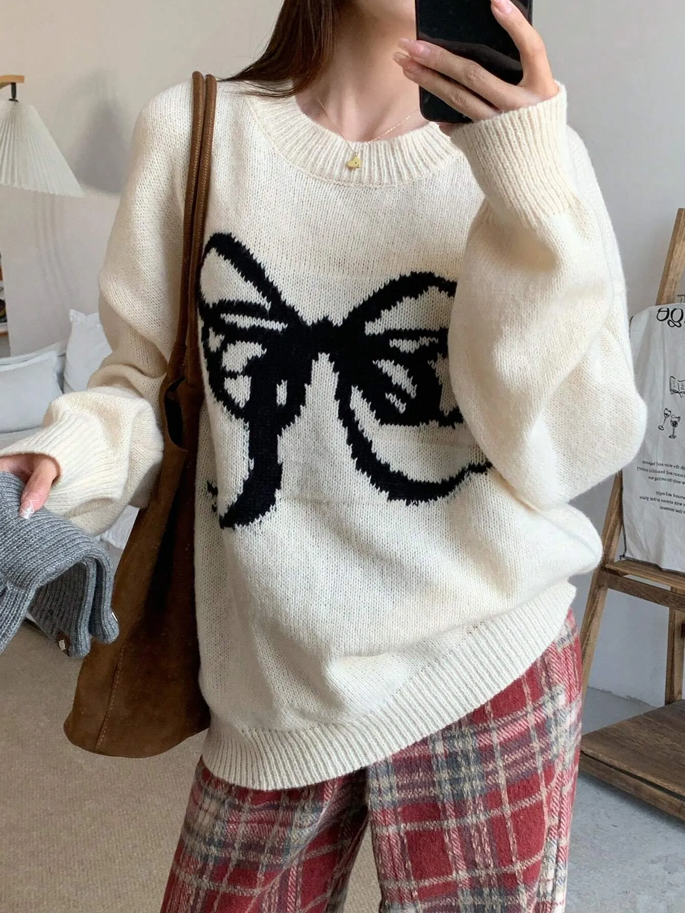 DAZY Women Bow Decor Round Neck Loose Knit Sweater