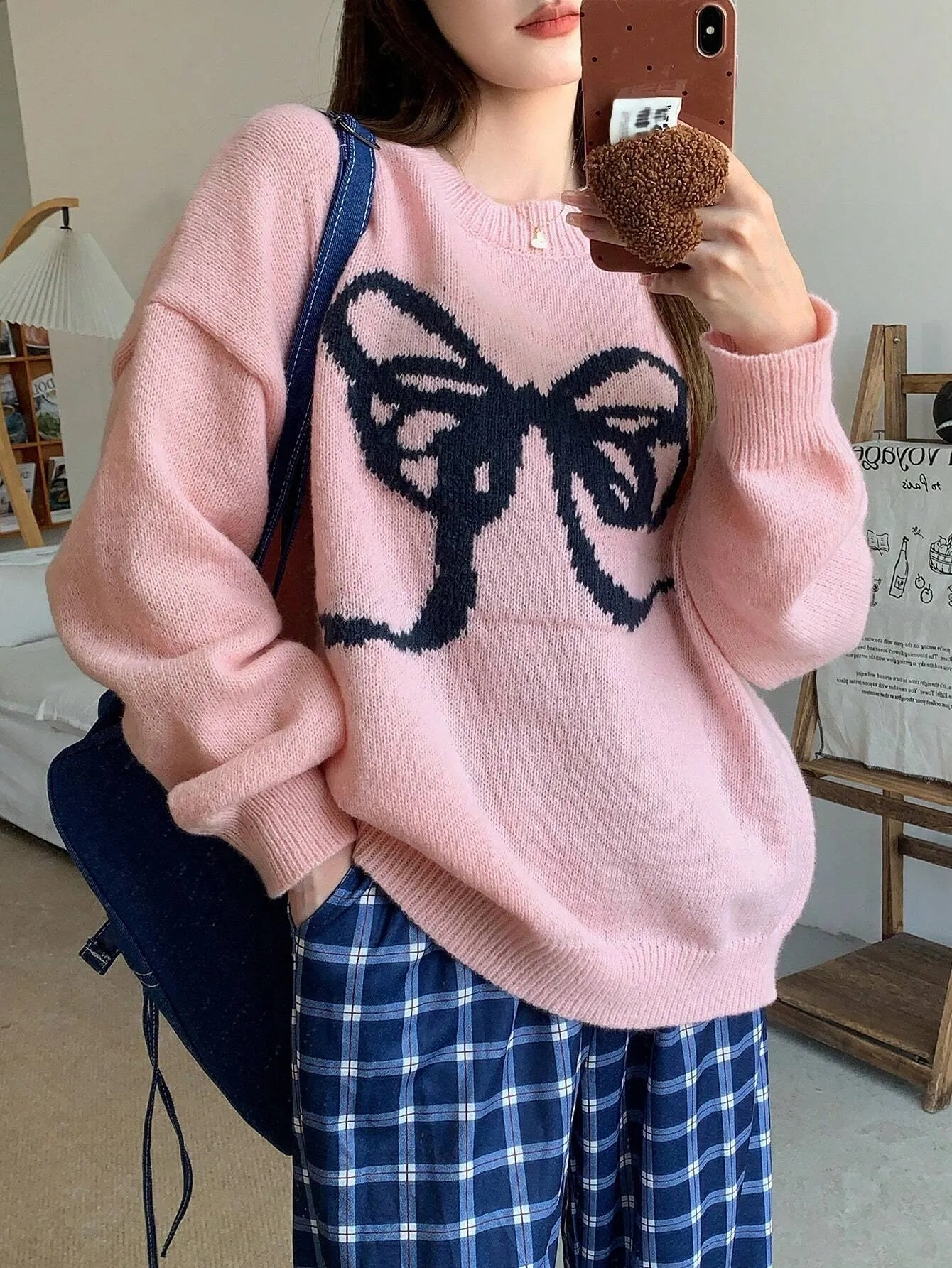 DAZY Women Bow Decor Round Neck Loose Knit Sweater