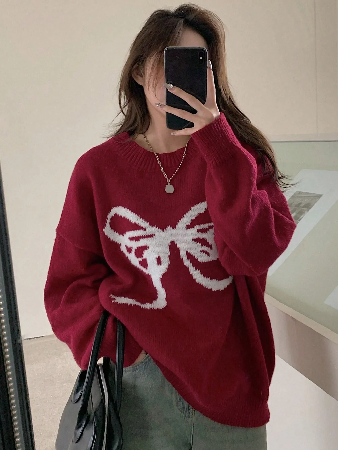 DAZY Women Bow Decor Round Neck Loose Knit Sweater