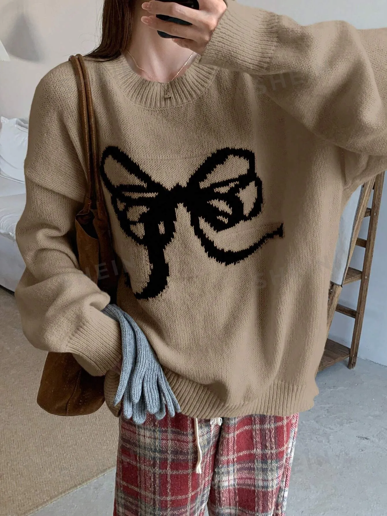 DAZY Women Bow Decor Round Neck Loose Knit Sweater