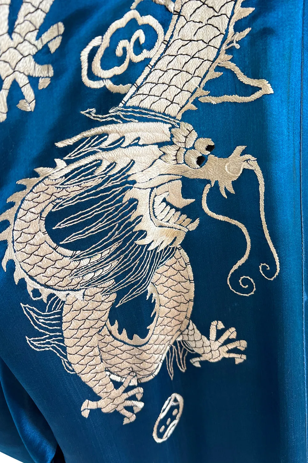 Decadant 1920s Unlabeled Deep Blue Silk Kimono w Hand Embroidered Dragons