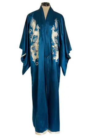 Decadant 1920s Unlabeled Deep Blue Silk Kimono w Hand Embroidered Dragons