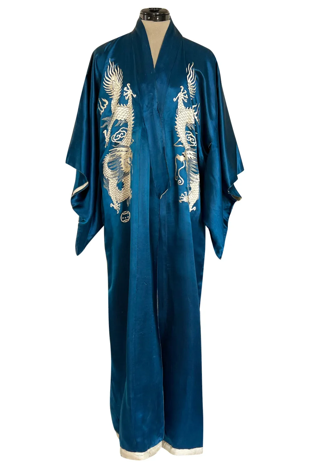 Decadant 1920s Unlabeled Deep Blue Silk Kimono w Hand Embroidered Dragons